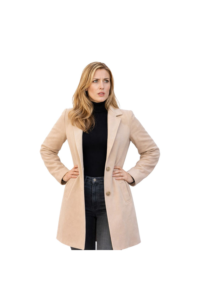 Woman wearing a beige coat on a white background