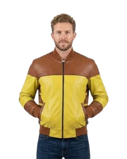 Man wearing a yellow and brown leather jacket on a white background