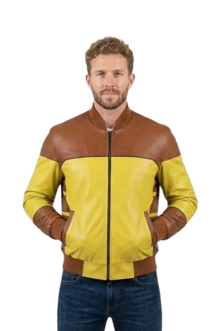Man wearing a yellow and brown leather jacket on a white background