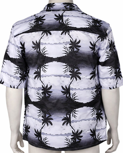 Mannequin wearing a black and white patterned shirt with palm tree design on a white background