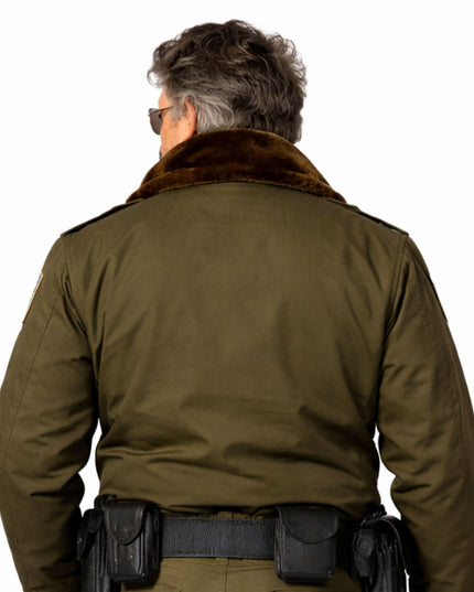 Man wearing a Brown jacket with a fur collar on a white background