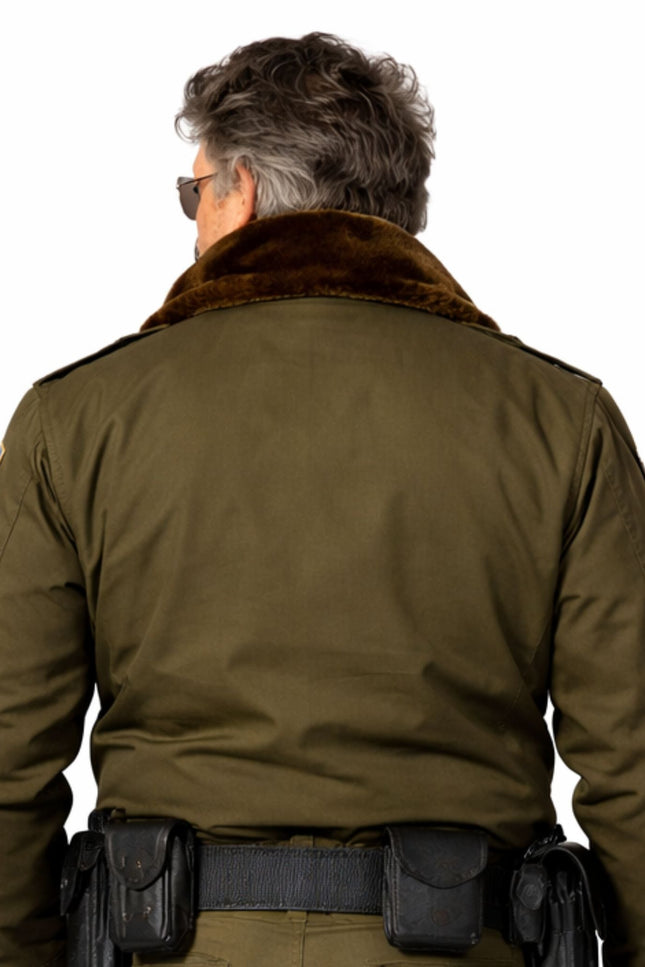 Man wearing a Brown jacket with a fur collar on a white background