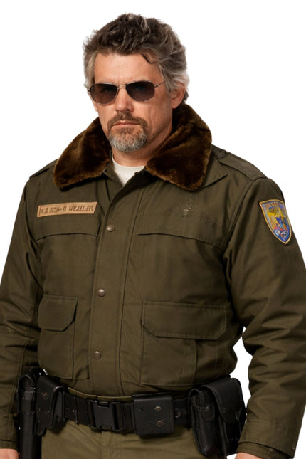 Person wearing a brown shearling collar bomber jacket on a white background
