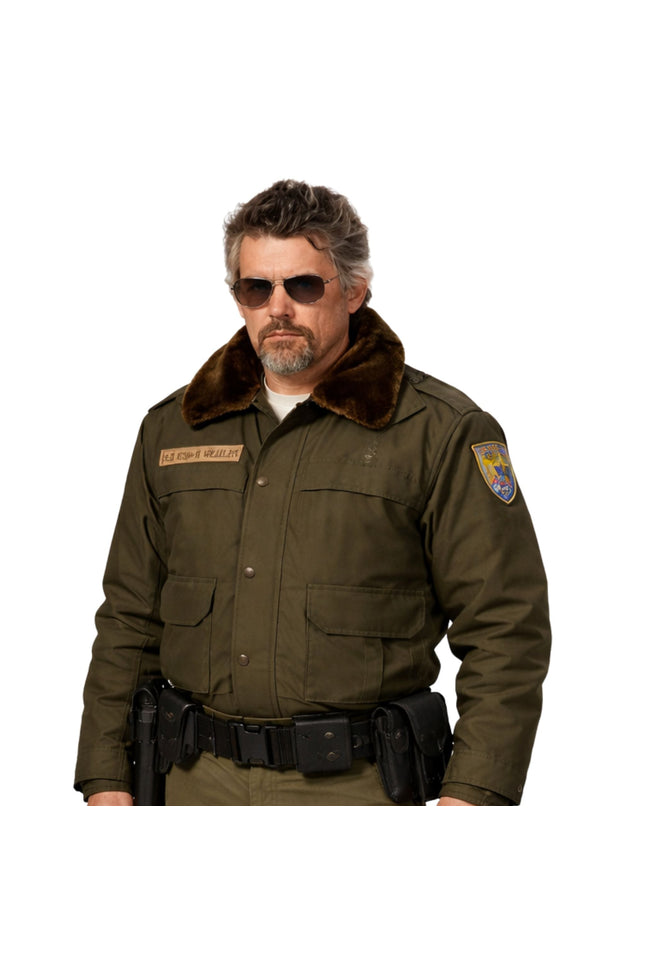 Person wearing a brown shearling collar bomber jacket on a white background