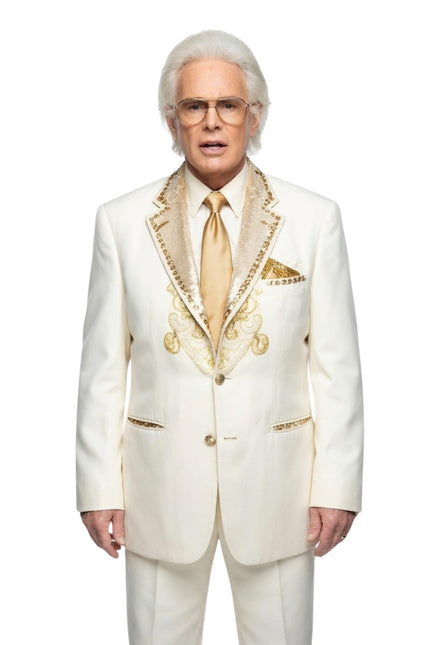 Man wearing a white suit with gold accents on a white background