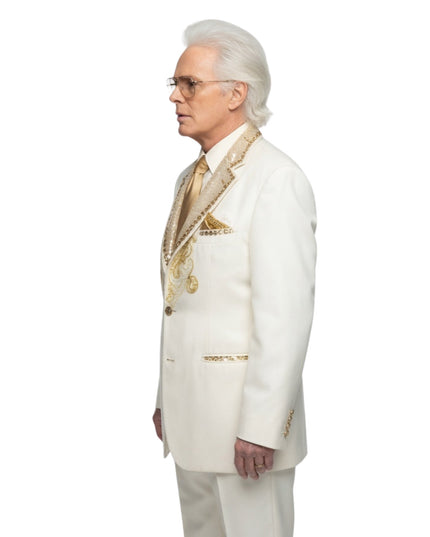 Man wearing a white suit with gold accents on a white background