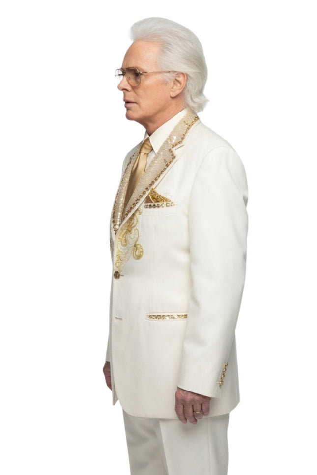 Man wearing a white suit with gold accents on a white background