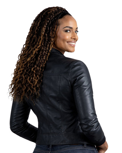 Woman wearing a black leather jacket on a white background