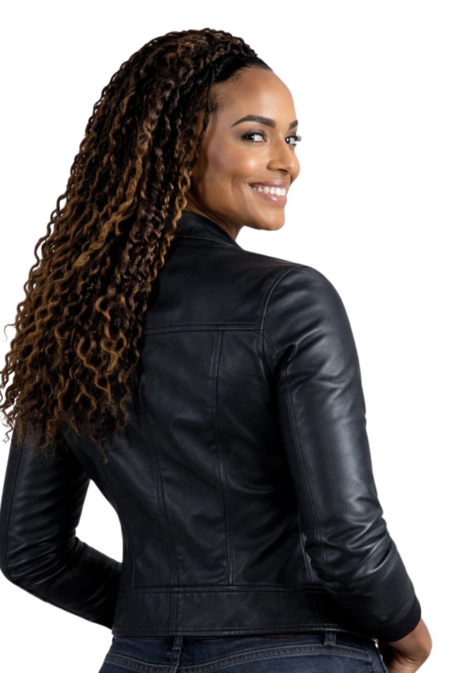 Woman wearing a black leather jacket on a white background