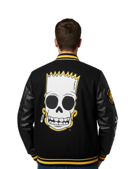 Black jacket with a skull design on the back worn by a person, white background
