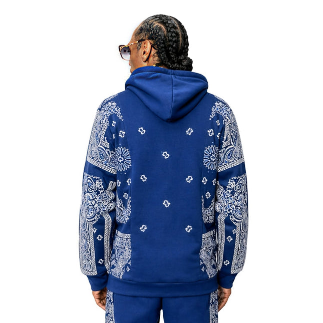 Person wearing a blue hoodie with white bandana patterns on a white background