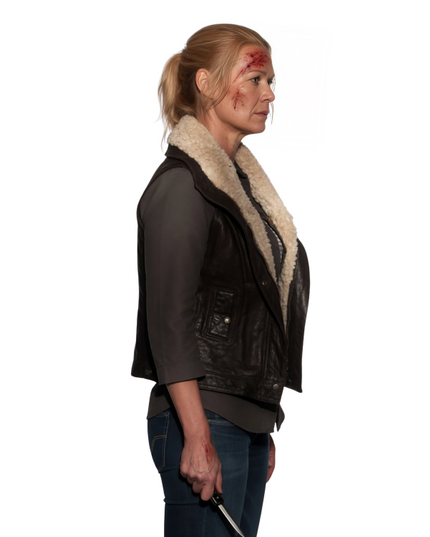 The Walking Dead Andrea Harrison Brown Leather Fur Vest Side