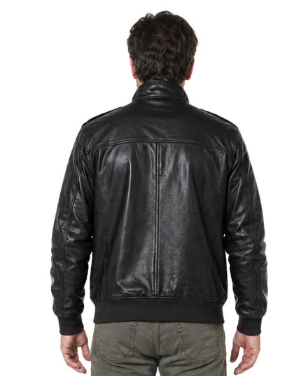 Man wearing a black leather jacket on a white background