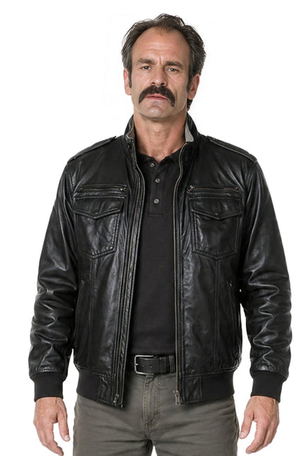 Man wearing a black leather jacket on a white background