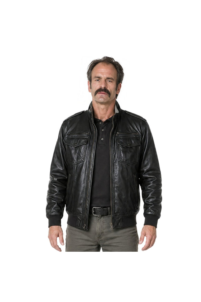 Man wearing a black leather jacket on a white background