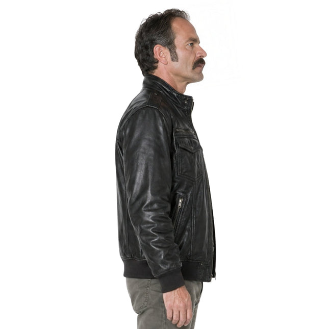 Man wearing a black leather jacket on a white background