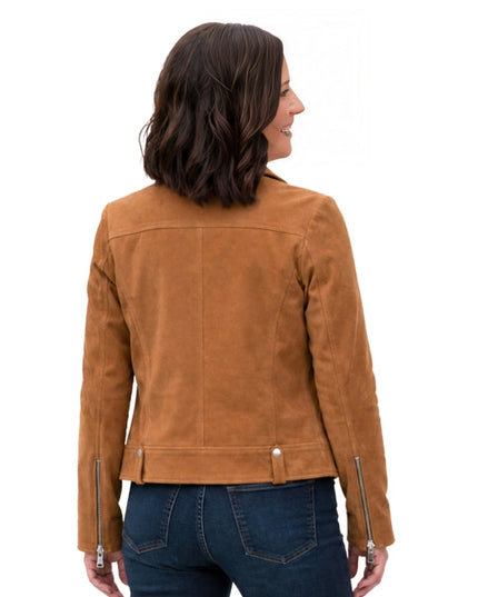 Woman wearing a brown leather jacket on a white background