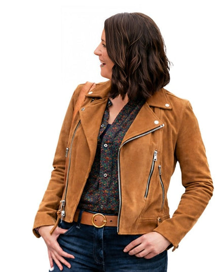 Woman wearing a brown leather jacket on a white background