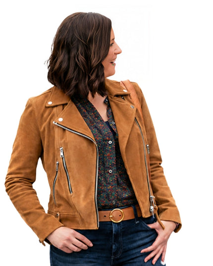 Woman wearing a brown leather jacket on a white background