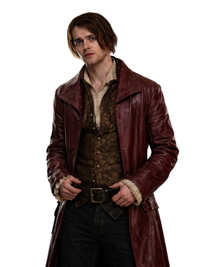 Person wearing a long brown leather coat on a white background