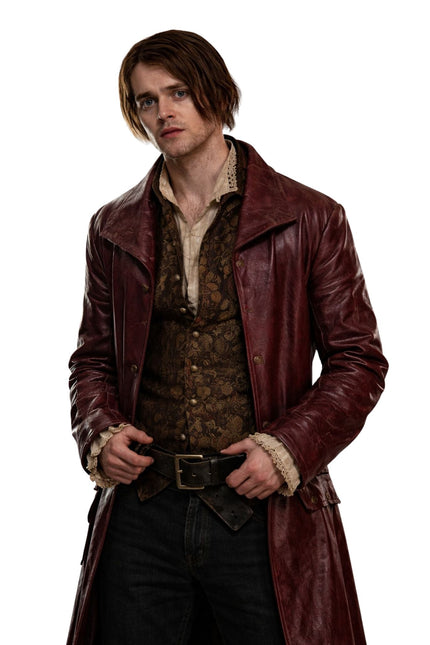 Person wearing a long brown leather coat on a white background