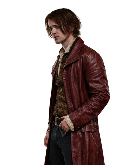 Person wearing a long brown leather coat on a white background