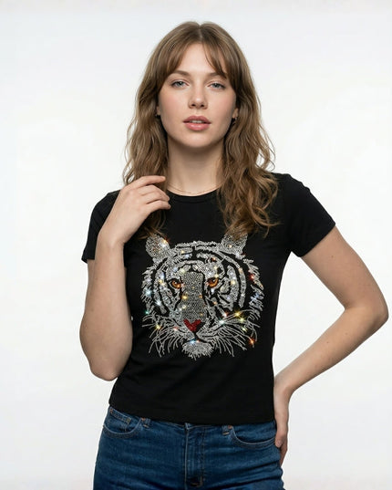 Woman wearing a black t-shirt with a tiger design on a white background