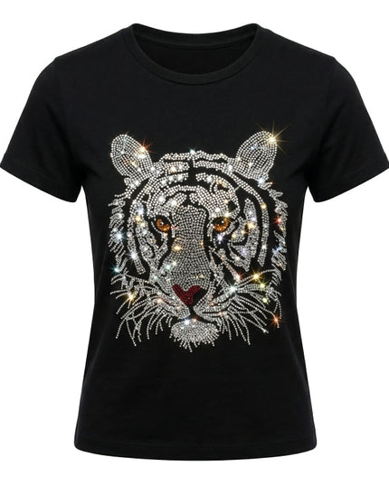 Black t-shirt with a rhinestone tiger design on a white background