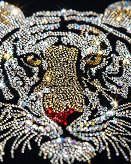 Decorative tiger design made with crystals on a black background
