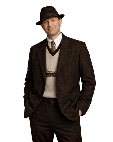 Man wearing a brown suit with a hat on a white background