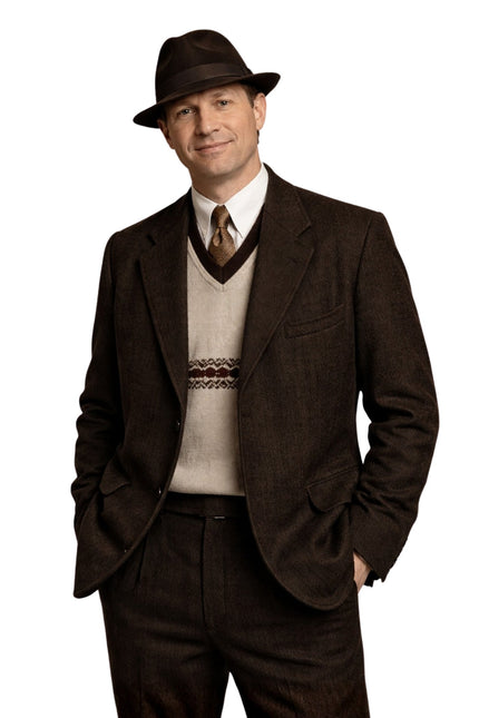 Man wearing a brown suit with a hat on a white background