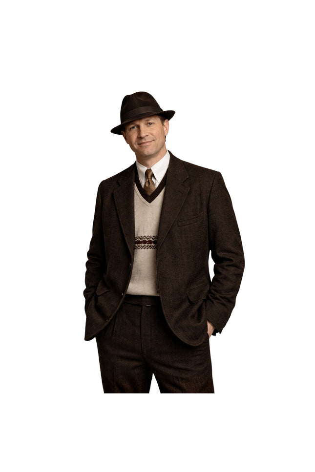 Man wearing a brown suit with a hat on a white background