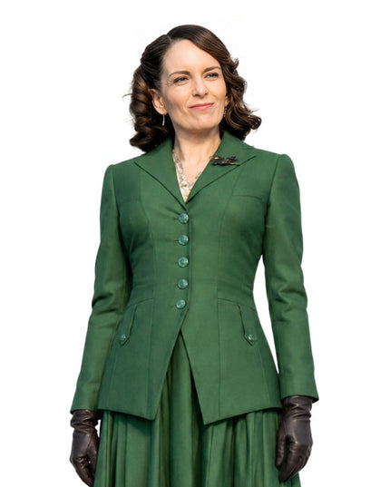 Woman wearing a green suit with gloves on a white background