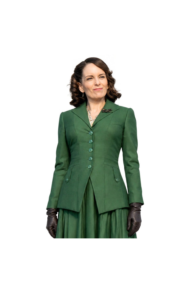 Woman wearing a green suit with gloves on a white background