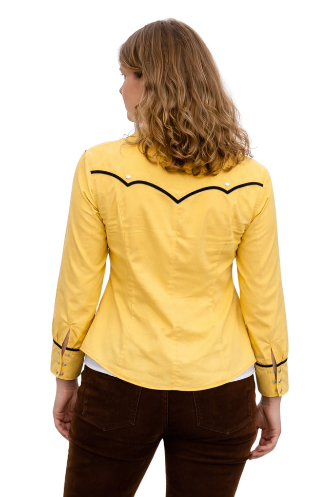 Person wearing a yellow jacket with black accents on a white background