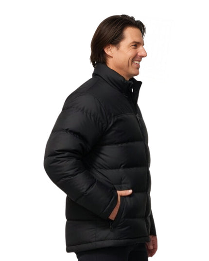 Man wearing a black puffer jacket on a white background