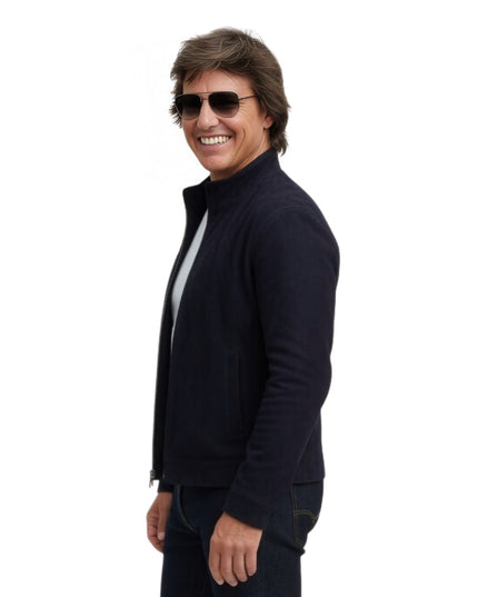 Person wearing a blue suede jacket 