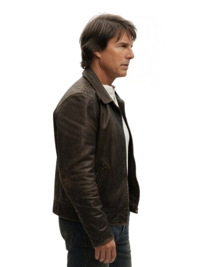 Man wearing a brown leather jacket on a white background