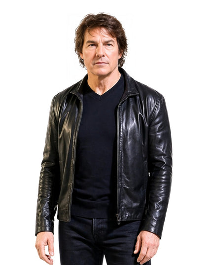Man wearing a black leather jacket on a white background