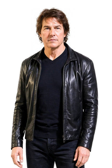 Man wearing a black leather jacket on a white background
