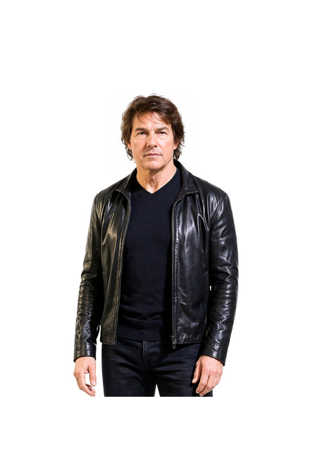 Man wearing a black leather jacket on a white background