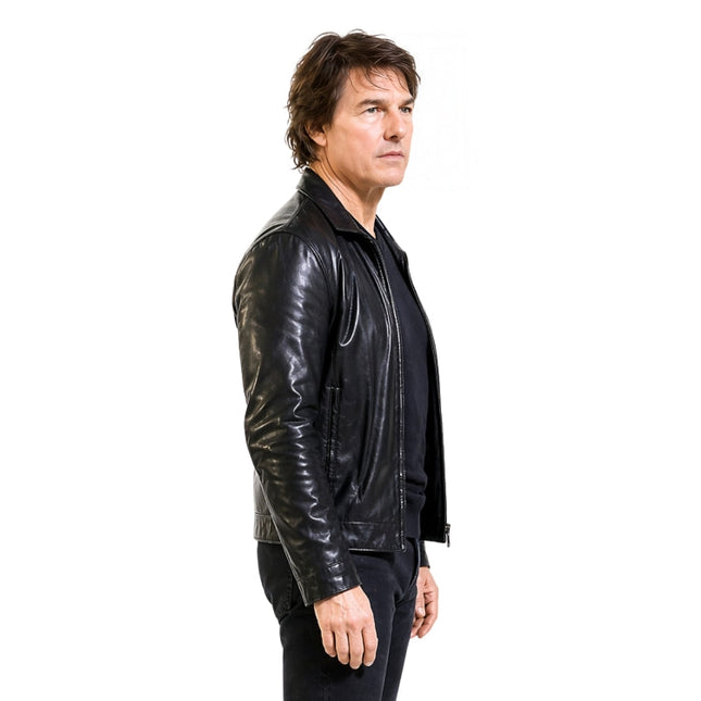 Man wearing a black leather jacket on a white background
