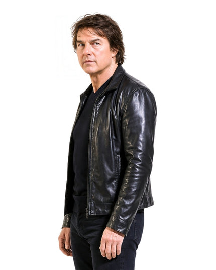 Man wearing a black leather jacket on a white background