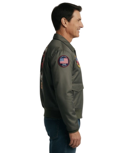 Man wearing a green jacket with patches on a white background