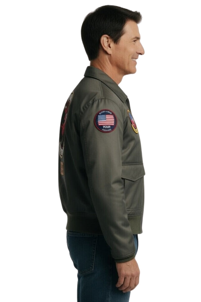Man wearing a green jacket with patches on a white background