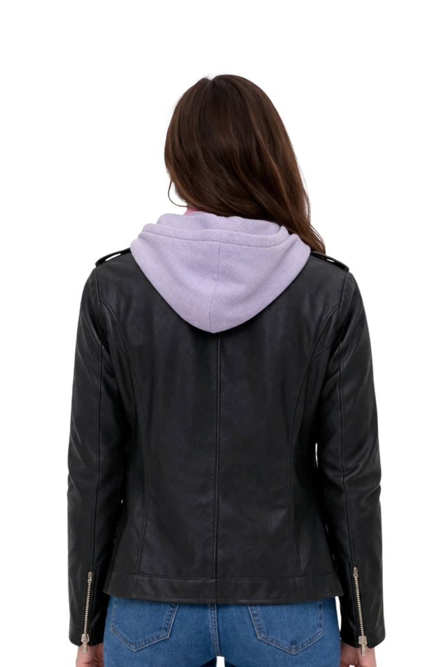 Person wearing a black leather jacket with a light purple hood on a white background