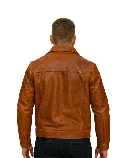 Trucker Style Genuine Leather Jacket Tan Brown
