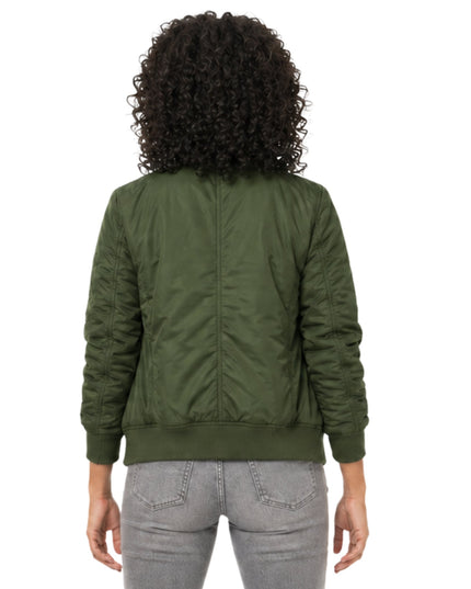 Person wearing a green bomber jacket from behind on a white background