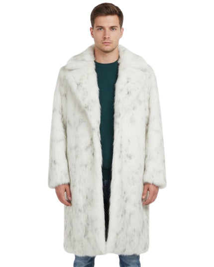 Man wearing a long white fur coat on a white background