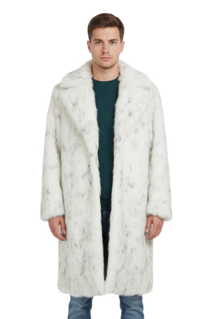 Man wearing a long white fur coat on a white background